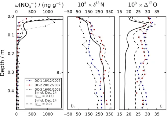 Figure 6. Realistic simulation results: nitrate in the top 50 cm of the snowpack on 24 December and comparison to the three observed profiles at Dome C in summer 2007–2008 (Frey et al., 2009; Erbland et al., 2013)