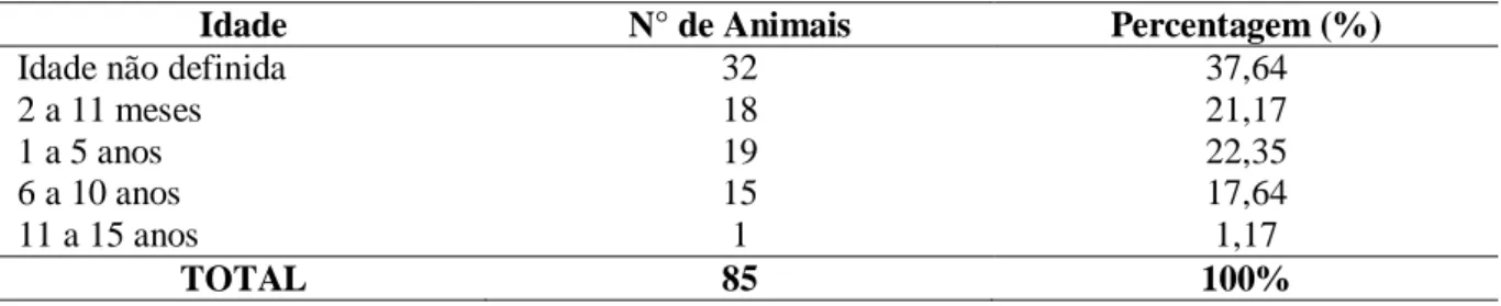 Tabela 4.  Total de animais da espécie canina com  diagnóstico positivo para ectoparasitos em função  da  idade,  no  período  entre  os  anos  de  2006  e  2013  no  laboratório  veterinário  de  análises  clínicas,  Manaus, AM