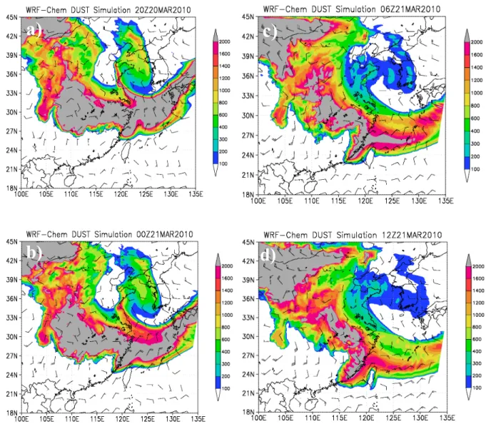 Fig. 7. The simulation spatial distribution of PM 10 concentration and wind field at 1000 hPa