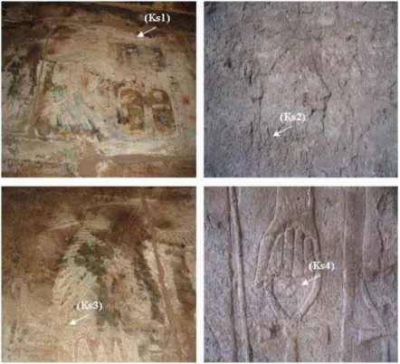 Fig. 1. Crystallization of different salts on the painted surfaces of the festival temple of Thutmosis III,   Karnak complex temples