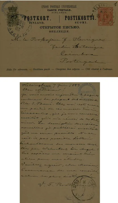 Figura 5 – Bilhete postal de V. F. Brotherus a Júlio Henriques (1889) acerca da determinação  de musgos de S