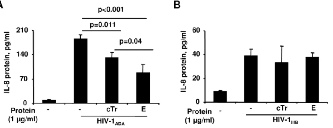 Figure 4. Elafin inhibits IL-8 secretion in response to R5-HIV-1 ADA in HEC-1A cells HEC-1A cells were grown as a polarized monolayer in a transwell system and incubated with media or 1 mg/ml of cTr or E for 1 h before the addition of 10 ng p24 of  R5-HIV-