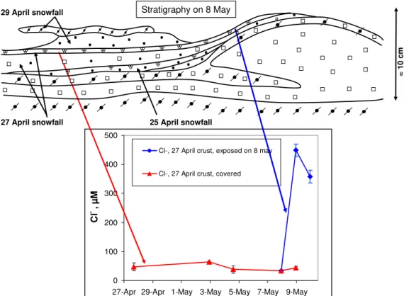 Fig. 9. Stratigraphy of the Ny- ˚ Alesund snowpack on 8 May 2001, and time series of the Cl − concentration in melt/freeze crust of the 27 April layer