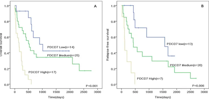 Figure 4. (A) Overall and (B) Relapse-free survival of analyzed patients with CN-AML according to different PDCD7 expression levels.