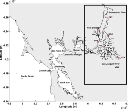 Figure 1. San Francisco Bay-Delta, the black rectangle highlights the Delta, and the red squares indicate measurement stations.