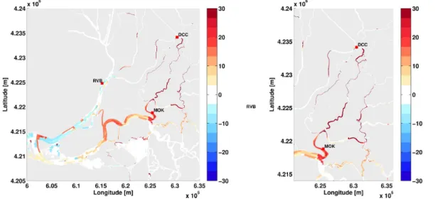 Figure 7. Anomaly of a SSC (mg L −1 ) snapshot between a run with open and one with closed DCC, this pattern is representative in time as well