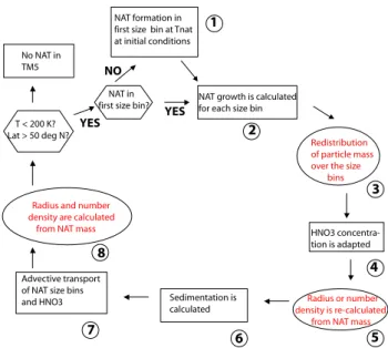 Fig. 1. Schematic diagram for the calculation of growth and sedi- sedi-mentation of NAT particles using the “FixedRad” and “FixedDens”
