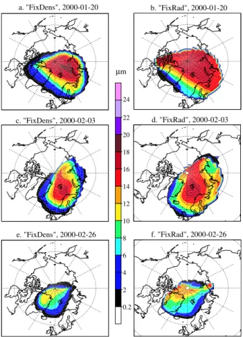 Fig. 4. Grid box average NAT particle diameters (µm) on the θ=430 K level, after 10-day simulations with the end dates 20  Jan-uary, 3 February and 26 FebrJan-uary, using both the “FixedDens”
