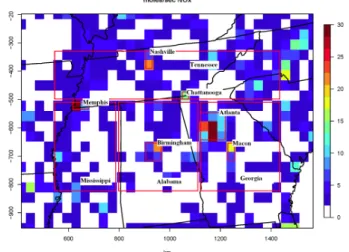 Fig. 2. Total vertical NO 2 column as (a) and (b) simulated by CMAQ, (c) and (d) observed by SCIAMACHY, and (e) and (f) simulated by CMAQ with upper-layer INTEX correction