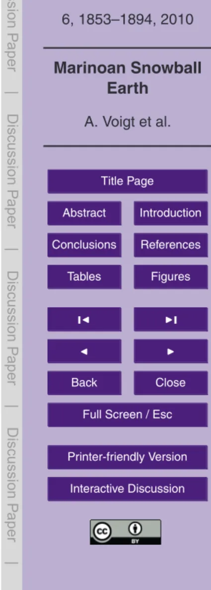 Table 4. Global mean surface temperature di ff erence between the Marinoan (MAR) and pre- pre-industrial (PI) control simulations as diagnosed by the one-dimensional energy balance model.