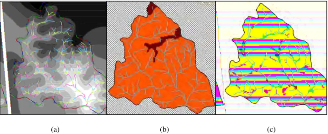Fig. 2 Spatial data for SWAT model input (a) DEM (b) a soil group map and (c) a land use map of theHuai Ma Nai sub- sub-watershed