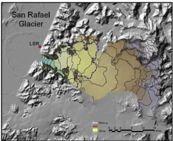 Fig. 2. Digital elevation model of Glaciar San Rafael obtained from SRTM-2000 data. Dashed blue line represents the mean ELA
