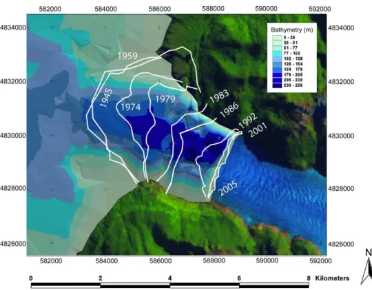 Fig. 3. Terminus positions of Glaciar San Rafael from 1945 to 2006, and bathymetry of Laguna San Rafael