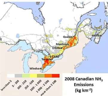 Figure 1. Location of CARE (♦) and major cities in the surrounding area. The map is coloured by annual NH 3 emissions according to the 2008 emission inventory.