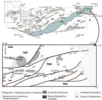 Figura 1  Esquema geológico da Zona Transversal (Província  Borborema),  mostrando  o  trend  de  rochas  metamáicas