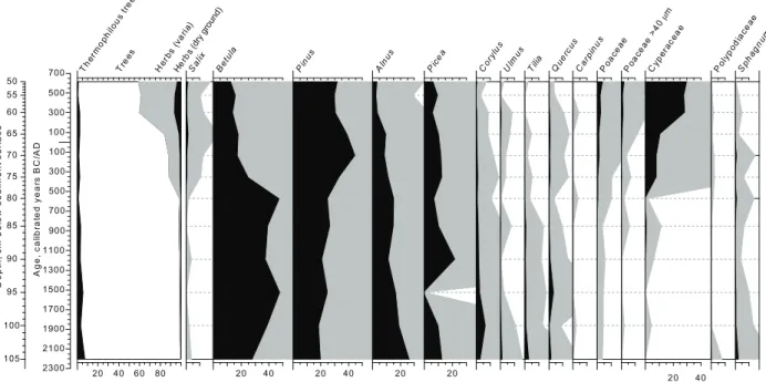 Fig. 3. Percentage pollen diagram of selected taxa from the Verevainu Mire sediment profile