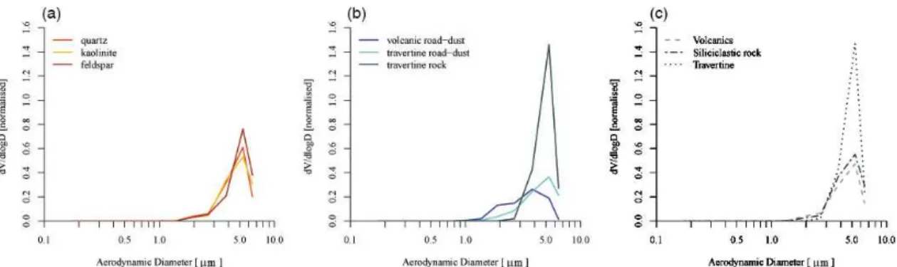 Figure 4. Normalized volume size distributions of most abundant silicates (a), calcite (b), and local dust types (c) in the PM 10 fraction.