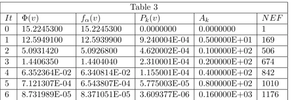 Table 3 It Φ(v) f α (v) P k (v) A k N EF 0 15.2245300 15.2245300 0.0000000 0.0000000 1 1 12.5949100 12.5939900 9.240004E-04 0.500000E+01 169 2 5.0931420 5.0926800 4.620002E-04 0.100000E+02 506 3 1.4406350 1.4404040 2.310001E-04 0.200000E+02 674 4 6.352364E