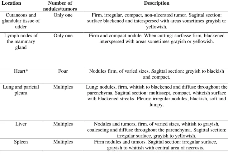 Table  1.  Demonstration  of  affected  regions,  number  of  nodules/tumors  and  description  of  macroscopic aspects of the same