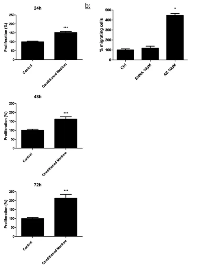 Figure 7. Effect of medium conditioned from macrophages on LEC proliferation and effect of adenosine on macrophage migration.