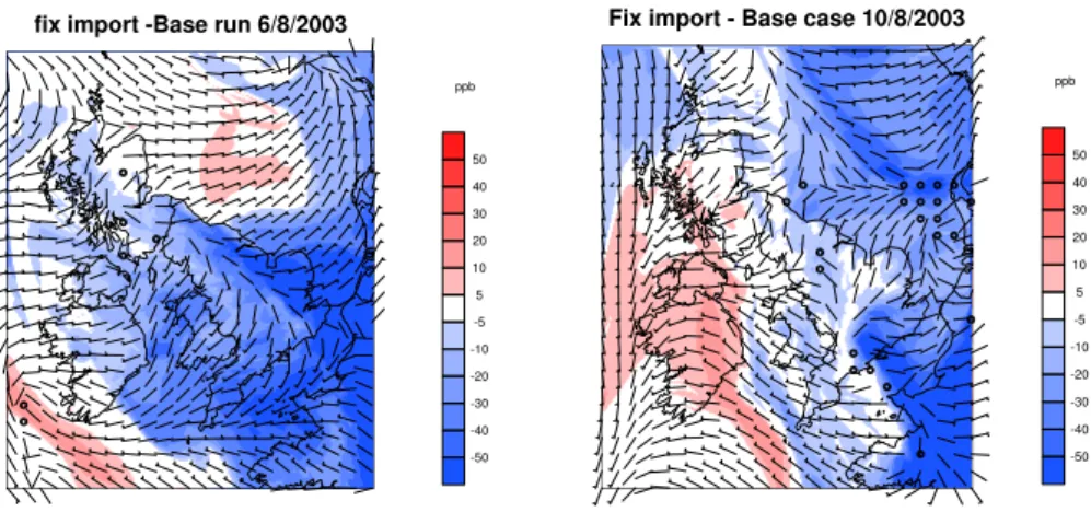 Fig. 18. Change in simulated surface daily maximum ozone (ppb) relative to the base case scenario for the sensitivity experiment with fixed (climatological) boundary condition for O 3 , for 6 and 10 August 2003
