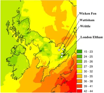 Fig. 8. (a) Hourly time-series of modelled (lines) and measured (cir- (cir-cles) surface ozone (ppb) for 1–15 August 2003 at the TORCH  cam-paign site, Writtle