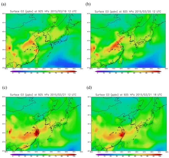 Figure 10. Horizontal maps of ozone volume mixing ratios in ppbv predicted by MRI-CCM2 for the 925 hPa pressure level (an altitude of about 760 m) at 21:00 JST (JST = UT + 9) on (a) 19, (b) 20 and (c) 21 March and (d) at 03:00 JST on 22 March 2015.