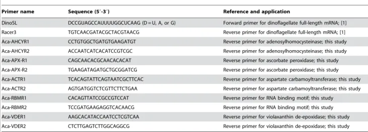 Table 2. Amphidinium carterae gene transcripts previously reported to lack DinoSL and the corresponding cDNAs with DinoSL obtained in our laboratory.