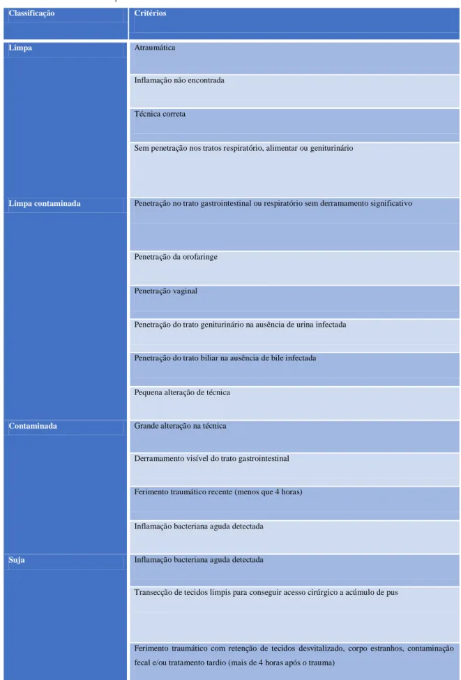 Tabela 1 – Critérios de Classificação de feridas do National Research Council 