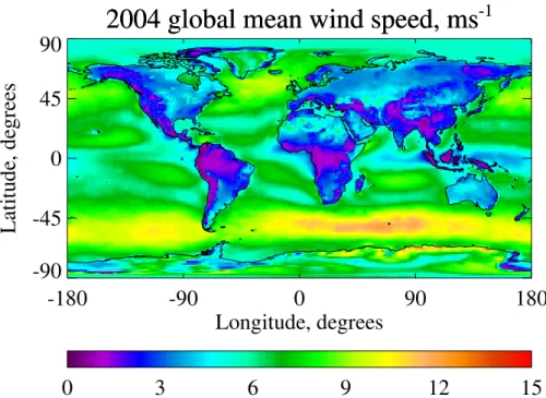 Fig. 3. Global mean near-surface wind speed from ECMWF for the year 2004, sampled at AATSR overpass times.