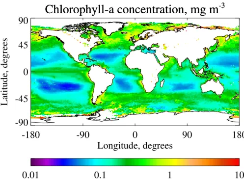 Fig. 8. Annual mean GlobColour-derived chlorophyll-a concentration (mg m − 3 ) for 2004.