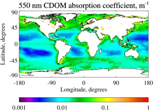 Fig. 9. Annual mean GlobColour-derived CDOM and detritus absorption coe ffi cient at 550 nm (m − 1 ) for 2004.