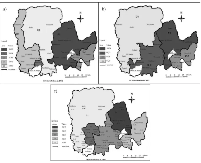 Figure 5. The map of HDI distribution in a) 1992, b) 2002 and c) 2008 