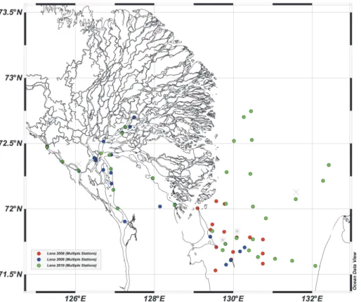 Fig. 1. Sampling stations in the years 2008 (red), 2009 (blue) and 2010 (green) within the Lena Delta and Buor Khaya Bay