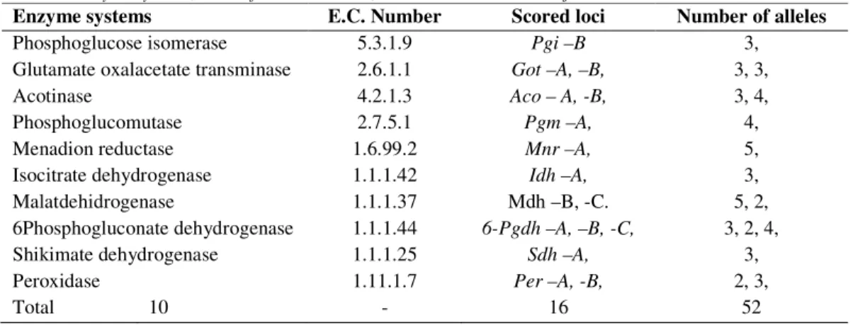 Table 2. Enzyme systems, E.C. referential number, scored loci and number of alleles 