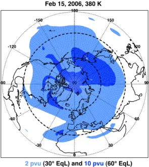 Fig. 2. The relationship of PV and EqLat for three middleworld isentropes on 15 February 2006.