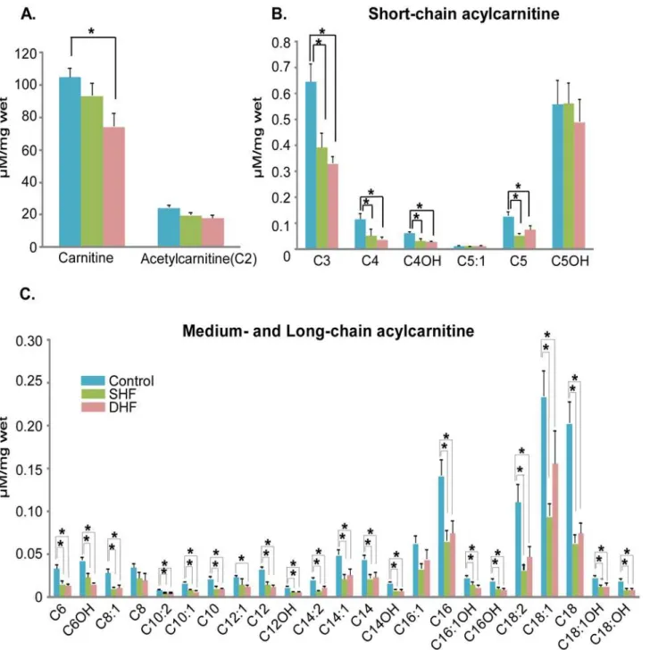 Fig 7. Quantitative analysis of myocardial carnitine and acylcarnitines. Majority of acylcarnitines were significantly reduced in both SHF and DHF as compared to Control (see also S3 Fig