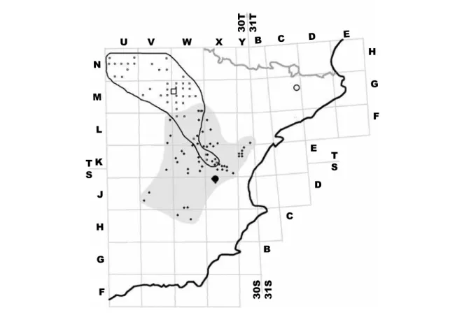 Fig. 38. Geographical distribution of Candidula corbellai n. sp. (locus typicus, circle), C