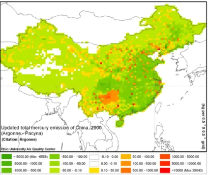 Fig. 1. Differences between the lower Streets et al. (2005) and higher Pacyna et al. (2006) estimates of anthropogenic emissions for China.