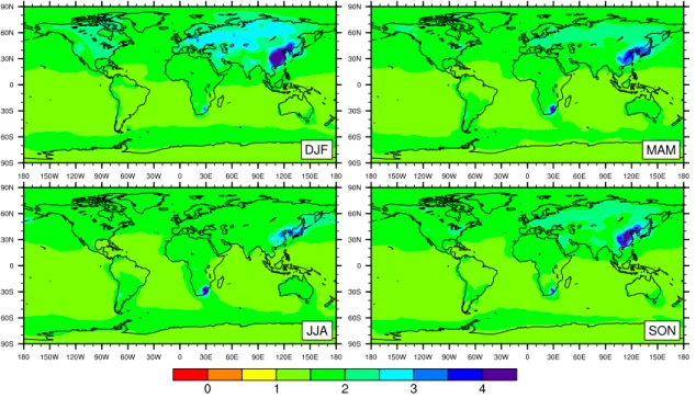 Fig. 2. Model-calculated background Hg(0) concentrations (ng m − 3 ) at the model surface for the Northern Hemisphere in winter (upper left), spring (upper right), summer (lower left), and fall (lower right), in the Pacyna emissions case.