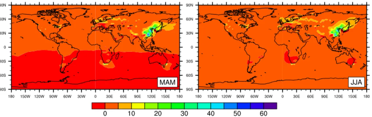 Fig. 5. Percent difference in Hg(0) concentrations in spring (left) and summer (right), as simu- simu-lated with the Pacyna and Streets estimates of Hg emissions.