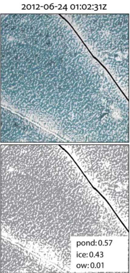Fig. 3. Exemplative 900 by 900 m aerial photo from Parry site on 24 June 2012 (top) and decision-tree classification result with ponds in grey, ice in white, and open water in black  (bot-tom)