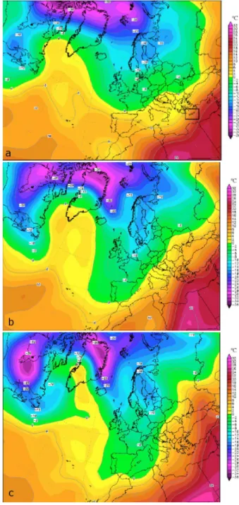 Figure 3 shows the simulated 2 m temperature (color con- con-tour) and the surface wind field (arrows) at the largest domain at different hours on 27 August 2010