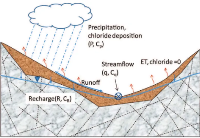 Fig. 2. Conceptualisation of catchment chloride balance under var- var-ious conditions: (I) Chloride steady state with a losing stream, (II) Chloride steady state with a gaining stream, (III) Chloride steady state, with cross-catchment surface water transf