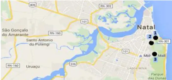 Figura 6-Localização dos Transmissores de TV em Natal: 1- Morro de Mãe Luíza. 2- Morro do Tirol, 3- Parque  das Dunas 