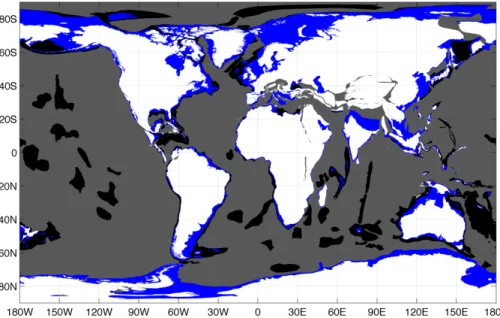 Figure 1. Earth reconstruction from the plate tectonic model at 38 Ma showing shifted present day land surface (white), continental shelves (blue) and relatively shallow ocean regions (black).