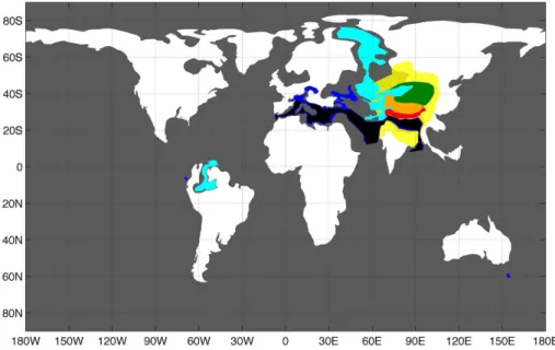 Figure 4. Masks used for manipulation of the reconstruction; white represents land, cyan shal- shal-low water, blue sea and black ocean