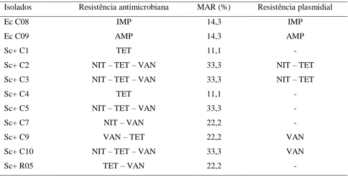 Tabela  2.  Perfil  de  resistência  antimicrobiana,  índice  de  múltipla  resistência  (MAR)  e  resistência  plasmidial  em  Escherichia  coli  e  estafilococos  coagulase  positiva  isolados  em  amostras  de  queijos  artesanais, comercializados em Cr