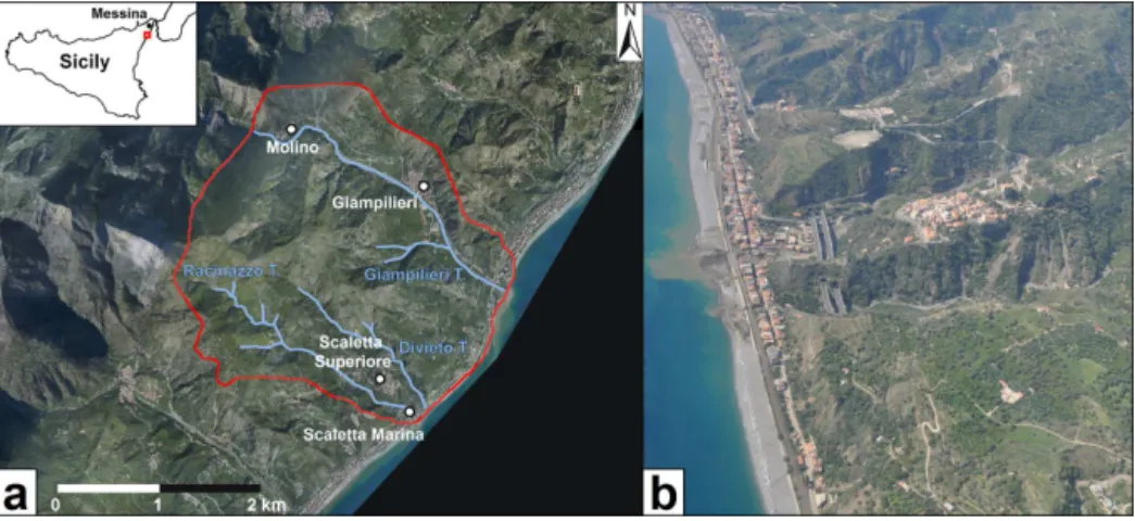 Figure 1. (a) Extent of the study area (red line). The upper left sketch shows the location of the area, represented by the red square; (b) aerial view of the Giampilieri area a few days after the 1 October 2009 event.