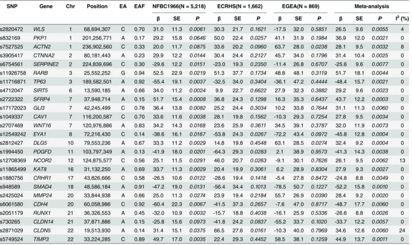Table 2. Results for the best SNP of the top 25 genes in Stage 1: NFBC 1966, ECRHS, EGEA, and meta-analysis